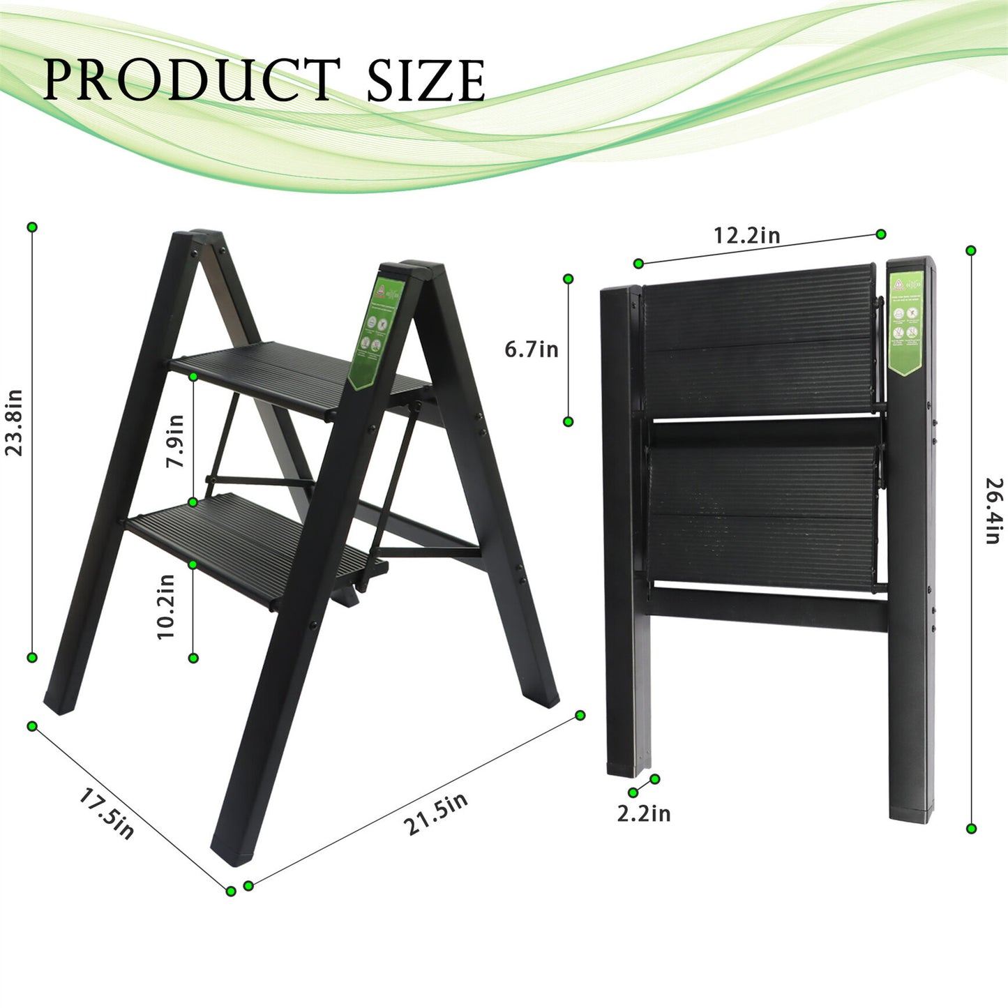 LABLT 2 Step Ladder, Folding Step Stool with Wide Anti-Slip Pedal, Aluminum Lightweight Folding Ladder for Household & Office, Holds up to 330 Lbs, Black