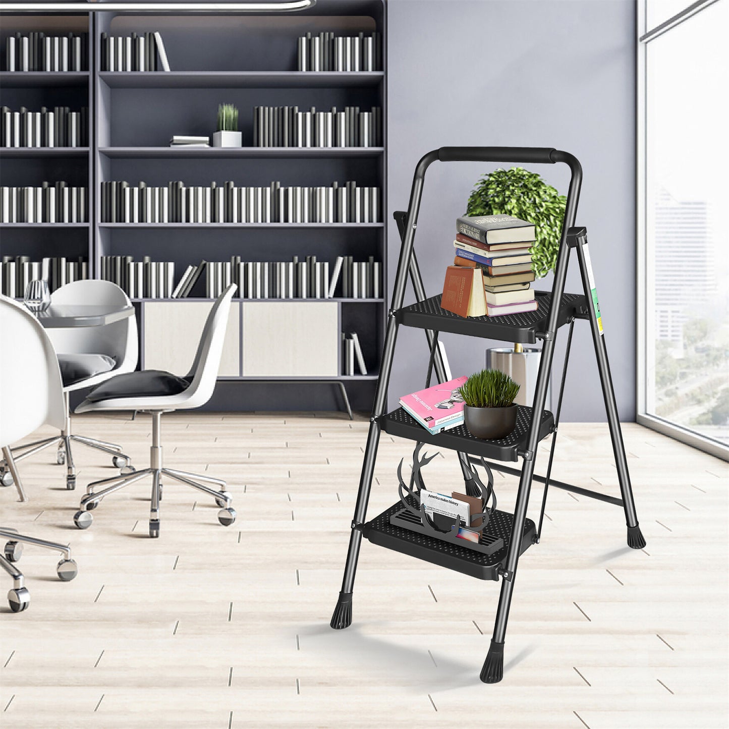 LABLT 3 Step Ladder, Folding Step Stools with Wide Anti-Slip Pedal, Convenient Handgrip, Multi-Use Household and Office, 330Lb Capacity