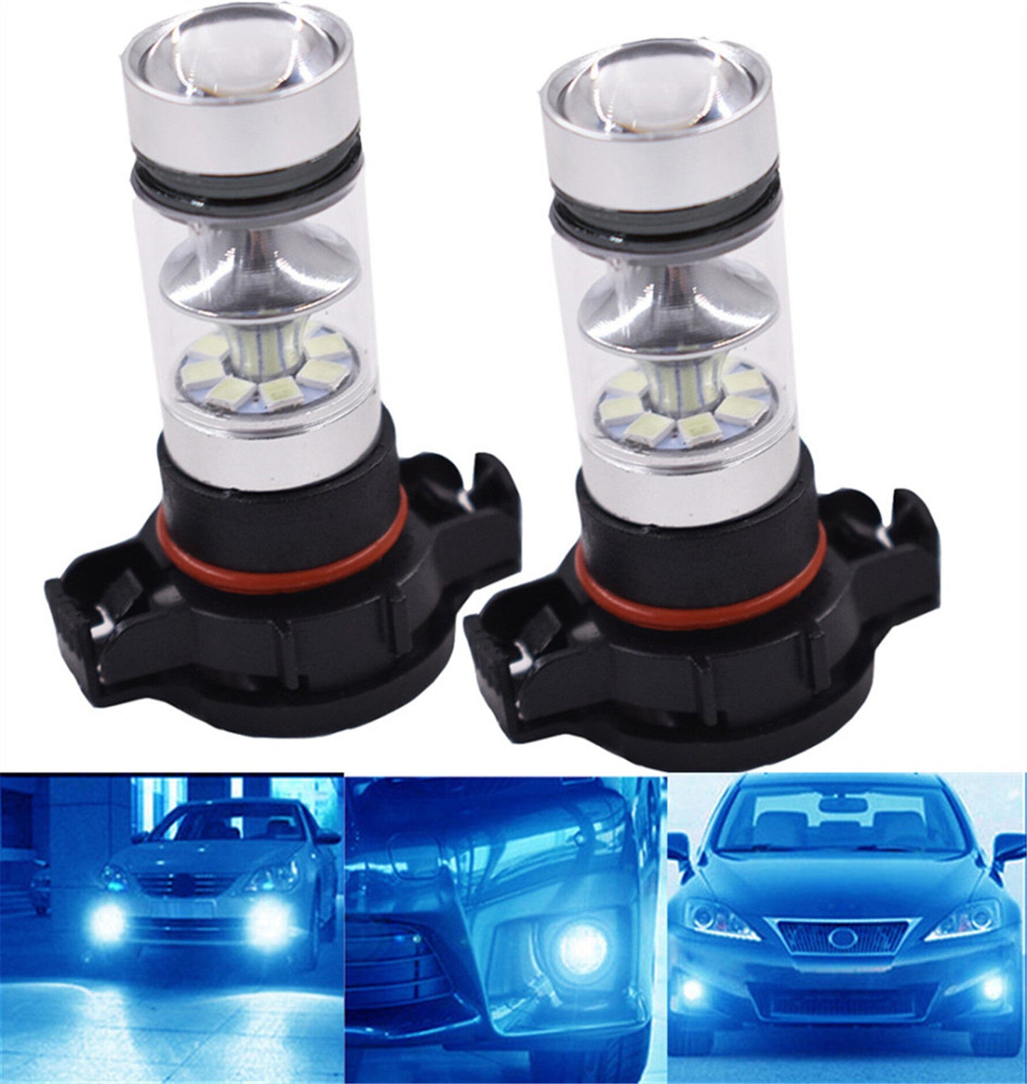 2 PCS H16 5201 5202 9009 PS24WFF 8000K Ice Blue 100W LED Fog Light Driving Bulb DRL