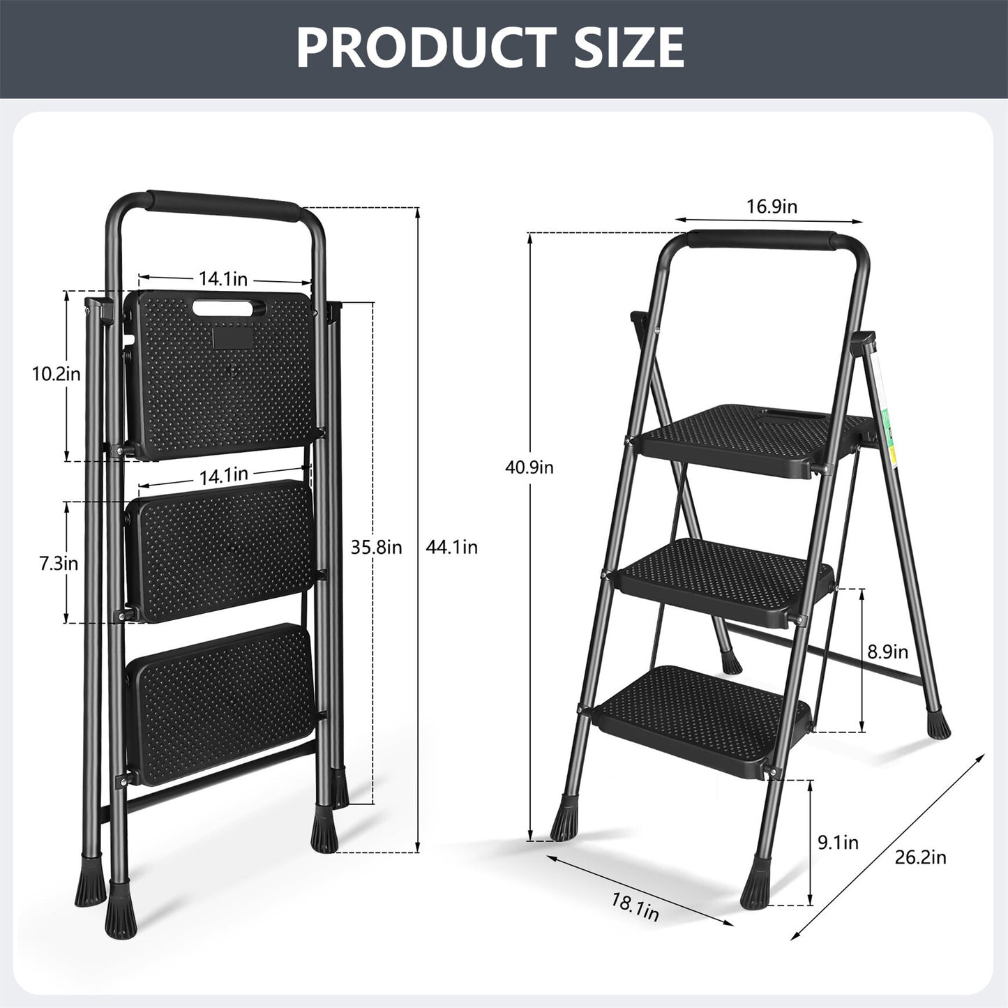 LABLT 3 Step Ladder, Folding Step Stools with Wide Anti-Slip Pedal, Convenient Handgrip, Multi-Use Household and Office, 330Lb Capacity