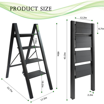 LABLT 4 Step Ladder, Folding Step Stool with Wide Anti-Slip Pedal, Aluminum Lightweight Folding Ladder for Household & Office, Holds up to 330 Lbs, Black