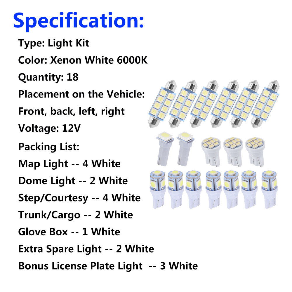 18PCS White LED Interior License Light Package Kit for Interior, Dome, Map, Door, Courtesy, Cargo, License Plate Lights