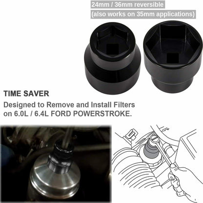 LABLT 24mm/36mm Fuel Filters Cap Removal Tool Replacement for F-250 F-350 Powerstroke Diesel Fuel Filter 6.0L/6.4L Black 2003 2004 2005 2006 2007 2008 2009 2010