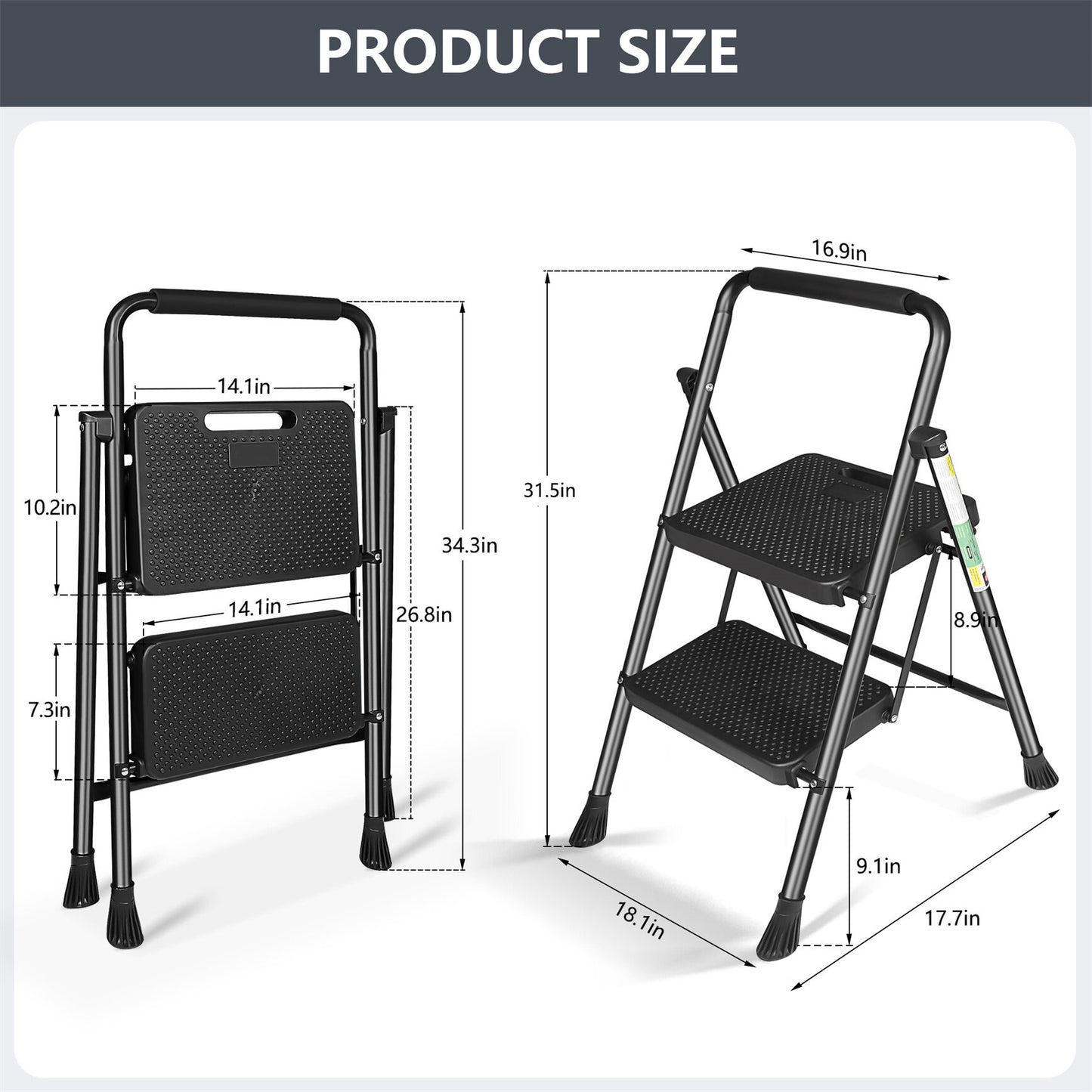 LABLT 2 Step Ladder, Folding Step Stools with Wide Anti-Slip Pedal, Convenient Handgrip, Multi-Use Household and Office, 330Lb Capacity