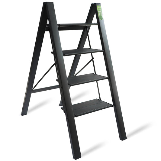 LABLT 4 Step Ladder, Folding Step Stool with Wide Anti-Slip Pedal, Aluminum Lightweight Folding Ladder for Household & Office, Holds up to 330 Lbs, Black