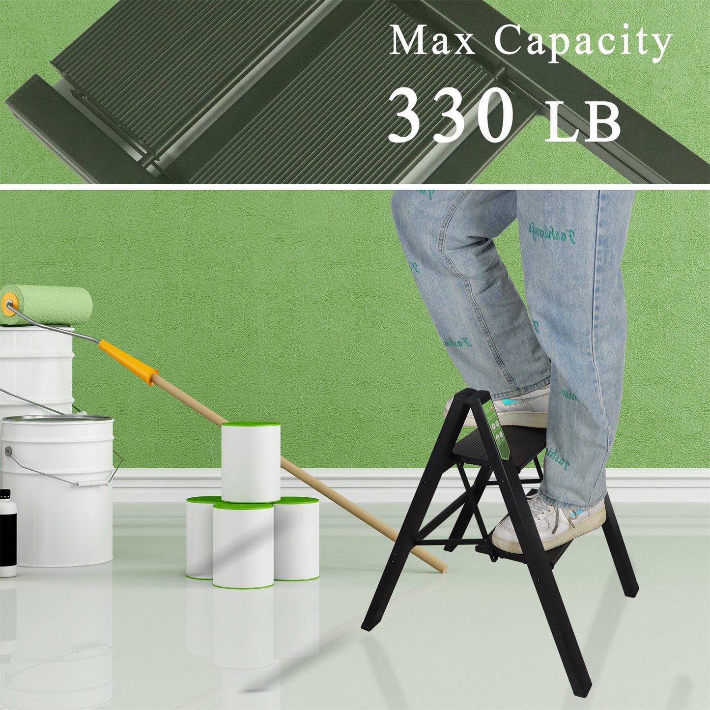 LABLT 2 Step Ladder, Folding Step Stool with Wide Anti-Slip Pedal, Aluminum Lightweight Folding Ladder for Household & Office, Holds up to 330 Lbs, Black