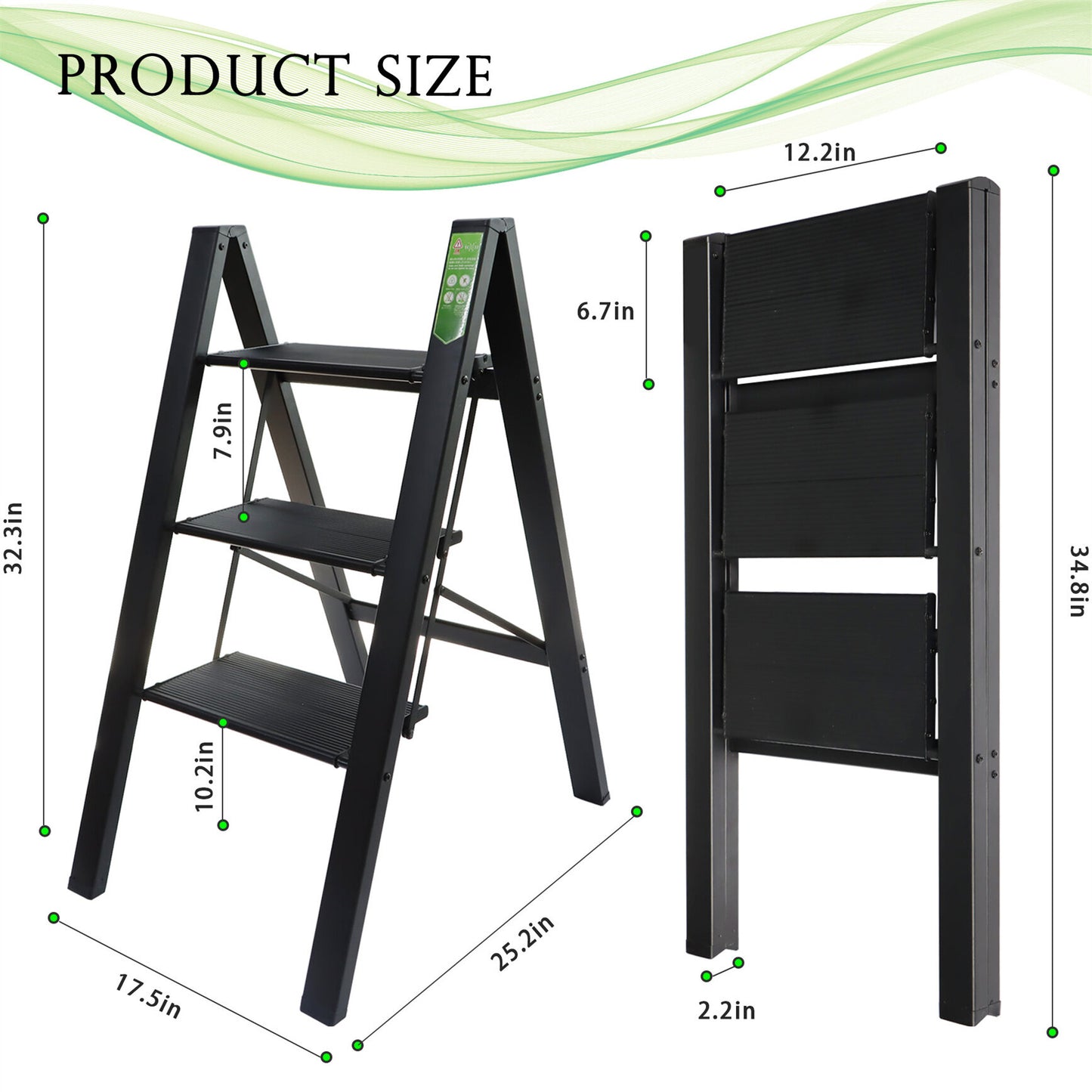 LABLT 3 Step Ladder, Folding Step Stool with Wide Anti-Slip Pedal, Aluminum Lightweight Folding Ladder for Household & Office, Holds up to 330 Lbs, Black