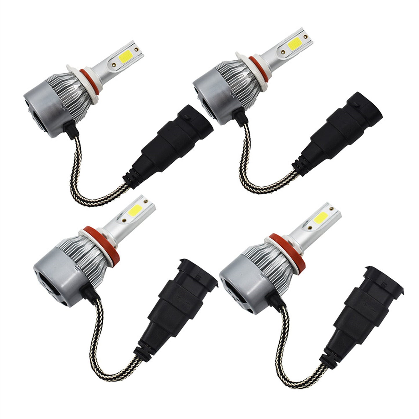 4Pcs 9005 H11 Combo Led Headlight Kit 6000K White COB Chips Fog Light High & Low Beam Light Bulbs