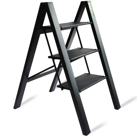 LABLT 3 Step Ladder, Folding Step Stool with Wide Anti-Slip Pedal, Aluminum Lightweight Folding Ladder for Household & Office, Holds up to 330 Lbs, Black