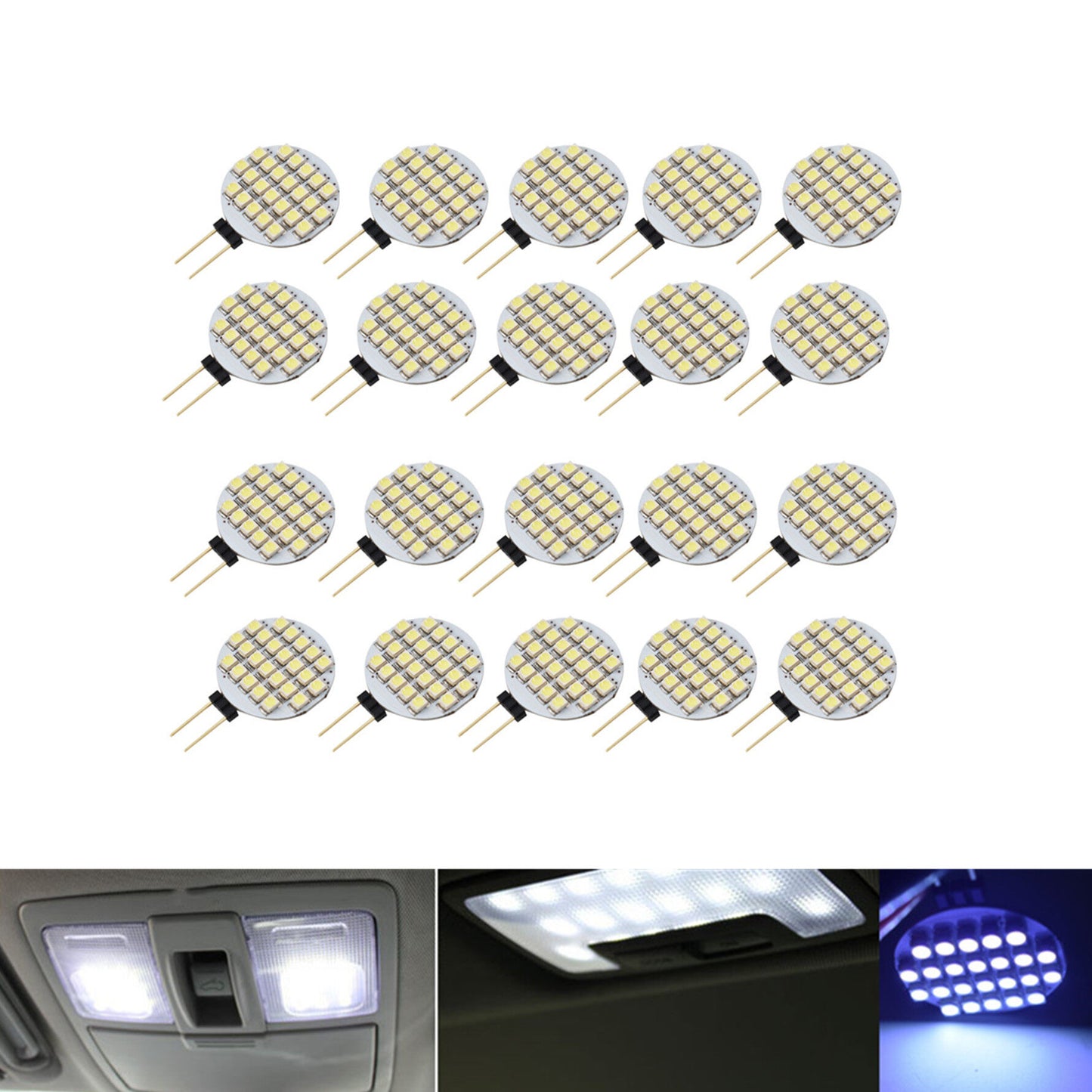 20 PCS Pure White G4 Base 3528 24-SMD Disc Shape Side Pin LED DC 12V for Home Reading Auto Car RV Camper Marine Boat Crystal Light Bulbs