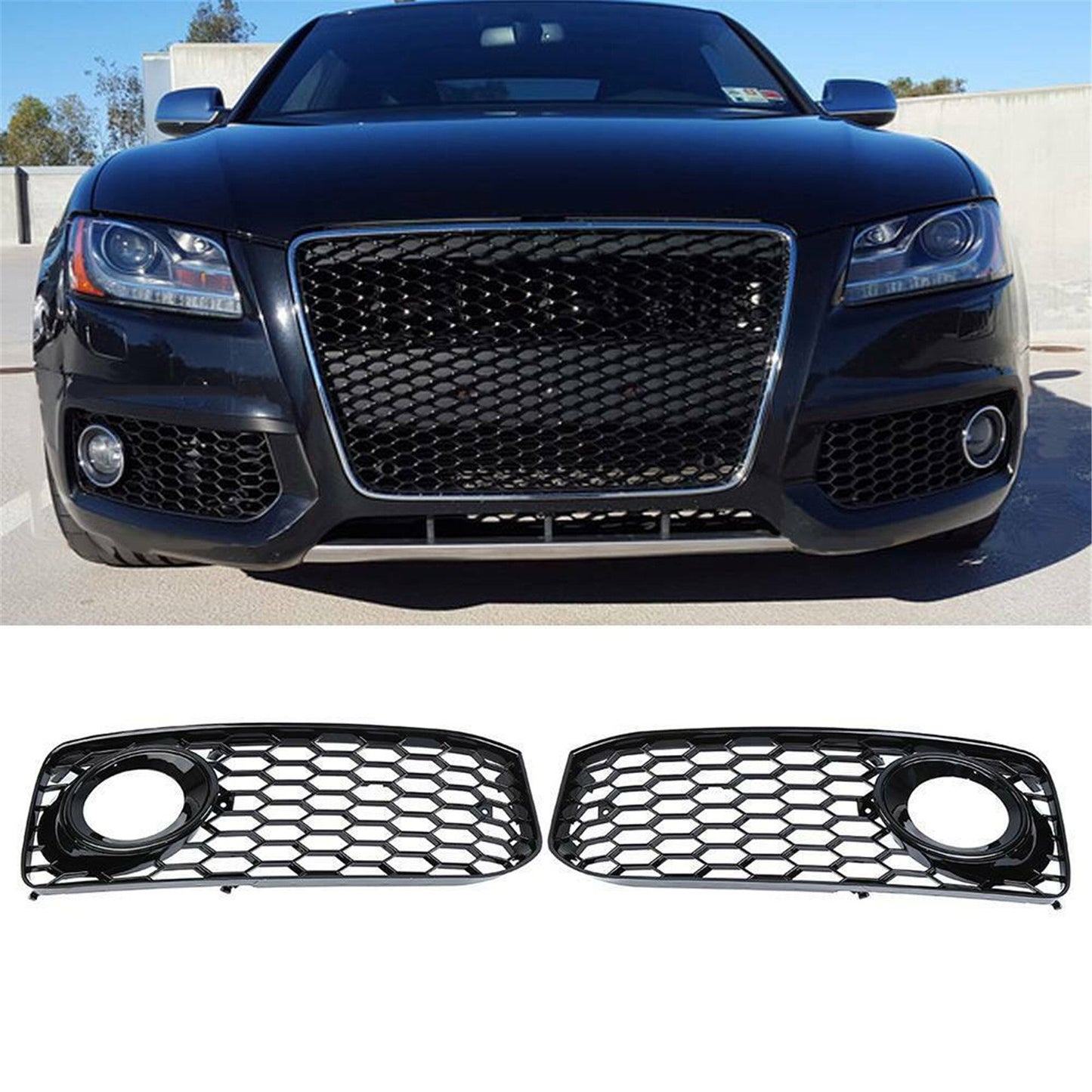 LABLT Fog Light Grilles w/Black Trim Replacement for 08-12 Audi A5 S-Line / S5 B8 RS5 Style Honeycomb