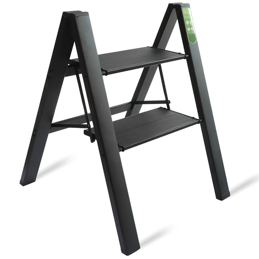 LABLT 2 Step Ladder, Folding Step Stool with Wide Anti-Slip Pedal, Aluminum Lightweight Folding Ladder for Household & Office, Holds up to 330 Lbs, Black